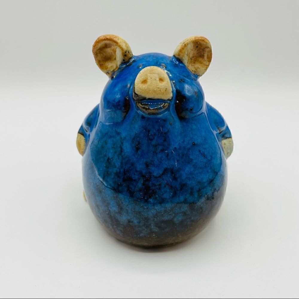 Handmade Pottery Blue Glazed Pig Figureine
